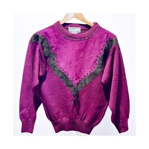 Vintage‎ Western Sweater S Suede Yoke Trim Tassels Southwestern Boho Statement